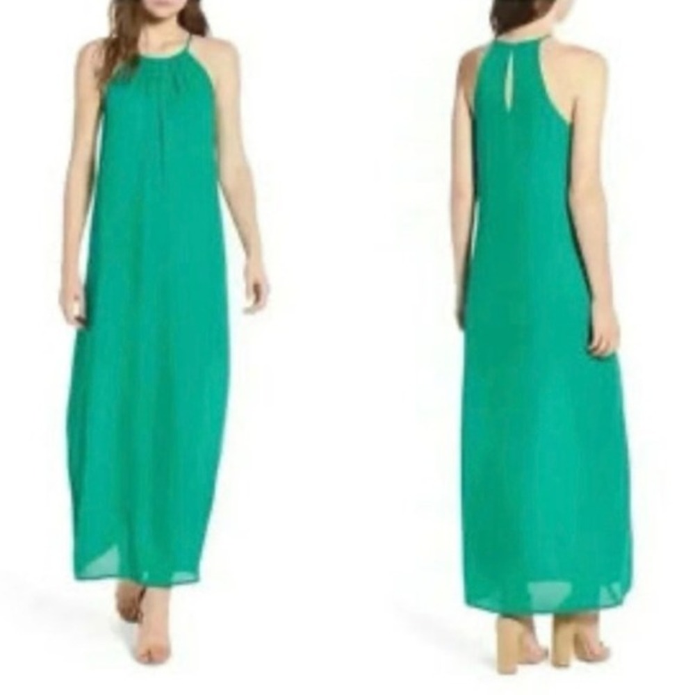 Everly Green Halter Maxi Dress Pleated High Neck XS Emerald